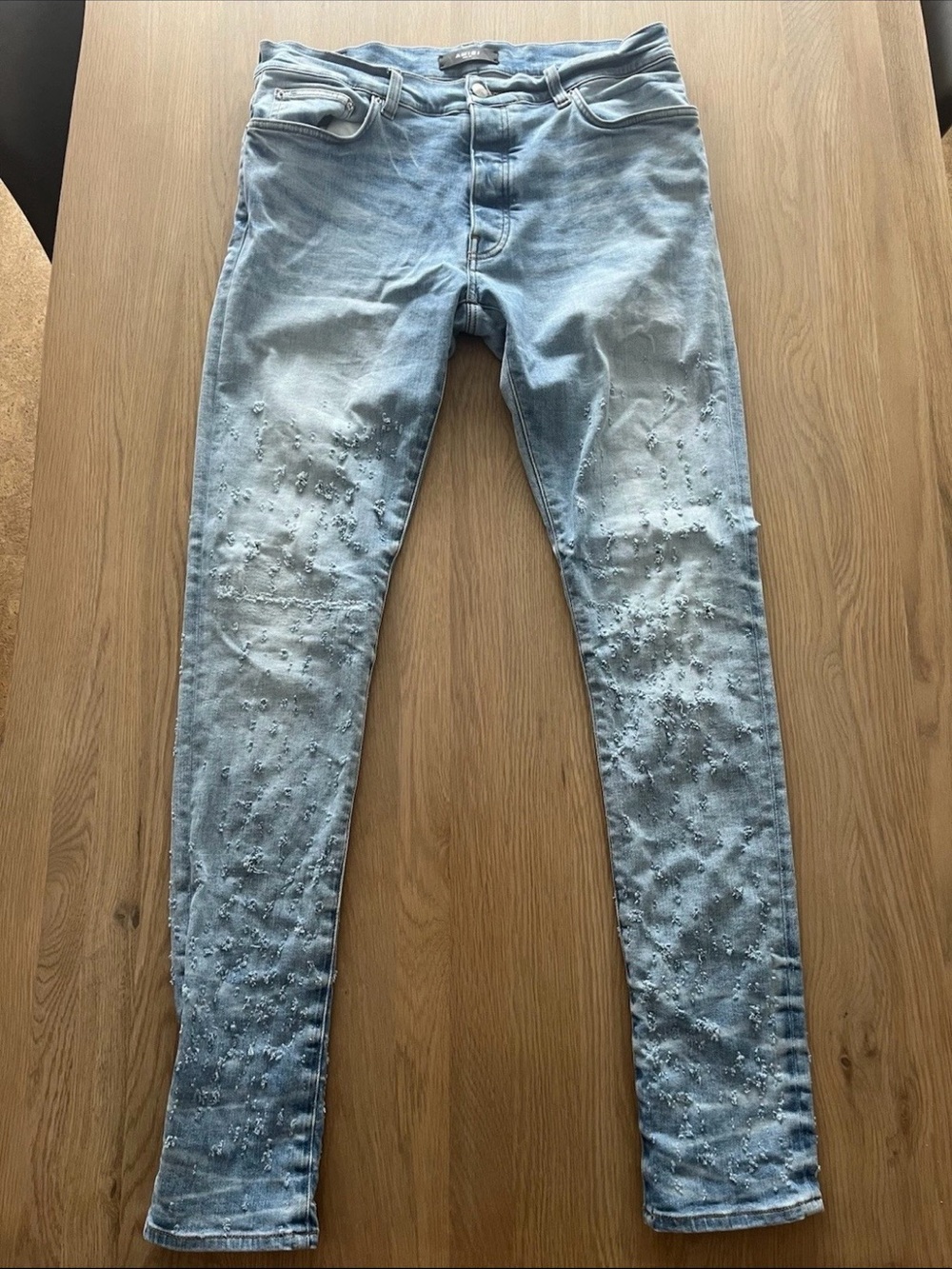AMIRI “shotgun”Light Blue Men's Skinny Distressed Jeans authentic